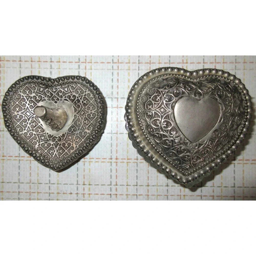 Matching Heart Shape Glass Trinket Box w/ Lid & Ring Holder Silver plate Vintage